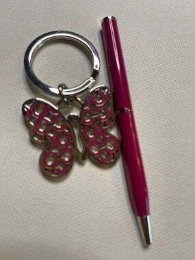Coach Pink Butterfly Keychain and Pink Coach Pen with Silver Accents